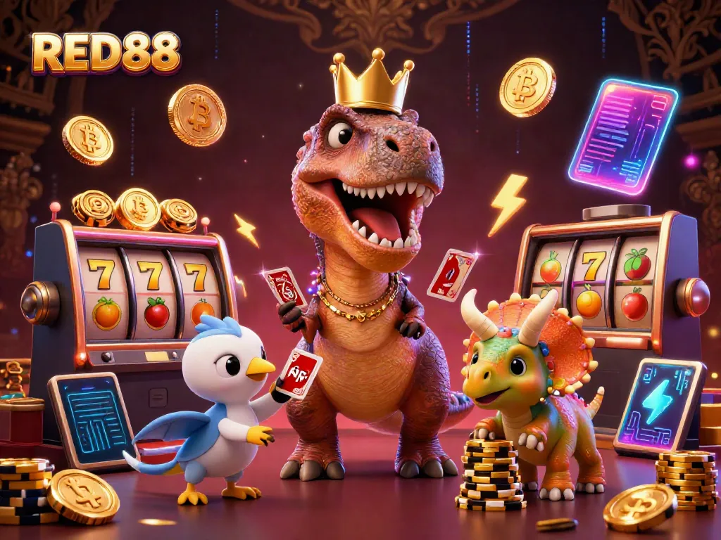 Experience the captivating world of RED88 with a vivid casino scene featuring a T-Rex, pterodactyl, and triceratops amidst vibrant gaming elements.