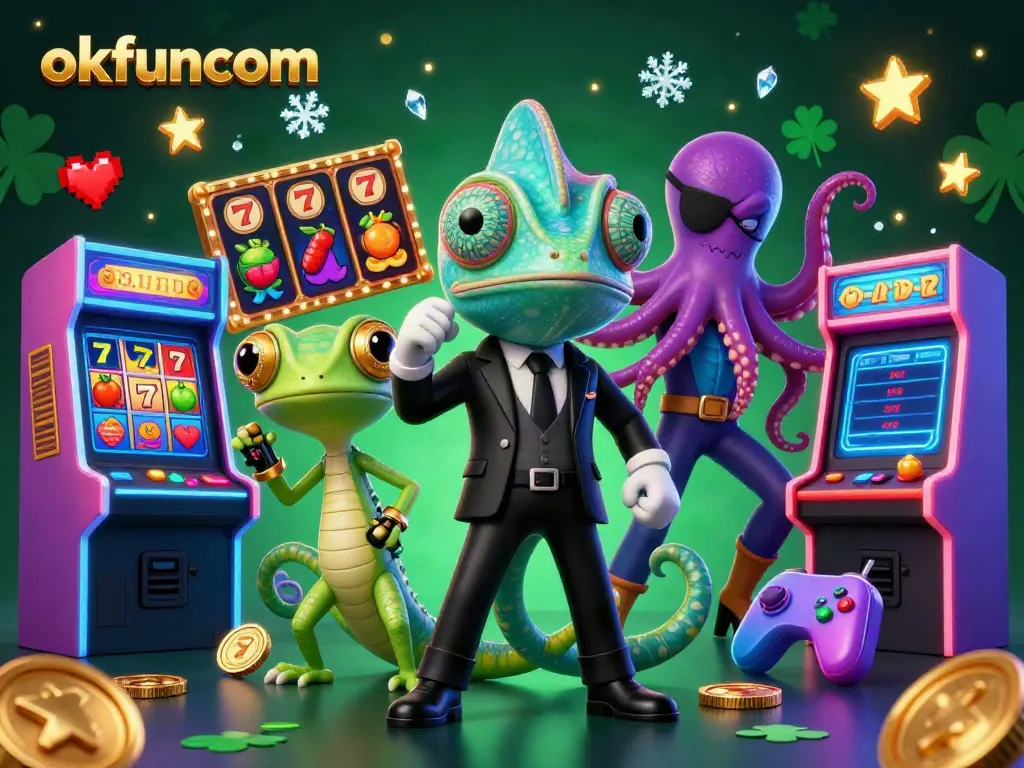 Spin the exciting slots at okfuncom, featuring vibrant characters in a lively casino scene.
