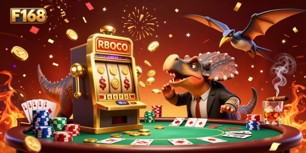 F168 casino illustration with a dinosaur winning jackpots, engaging casino elements