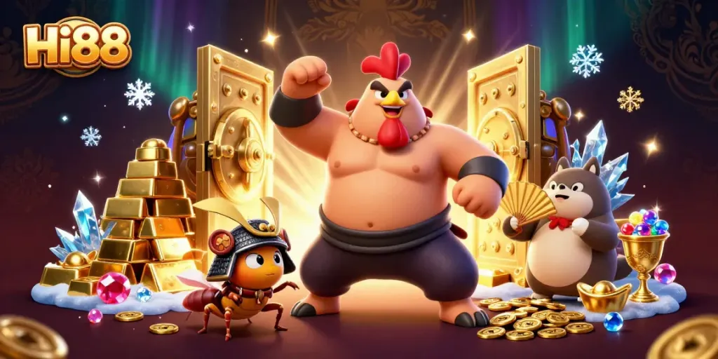Win big with Hi88 at a vibrant online casino showcasing a powerful sumo wrestler and treasures.