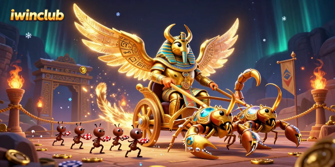 Engage in thrilling iwinclub adventures with a golden scarab beetle and scorpions amidst vibrant casino elements.