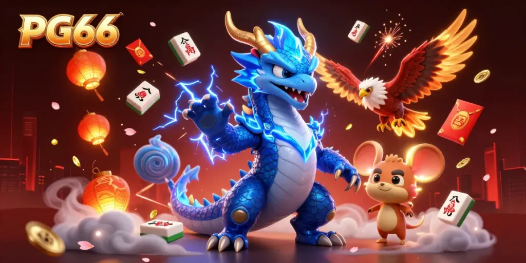 Engage in thrilling gameplay with PG66's dynamic 3D illustration featuring a thunder dragon, wind hawk, and interactive gaming elements.