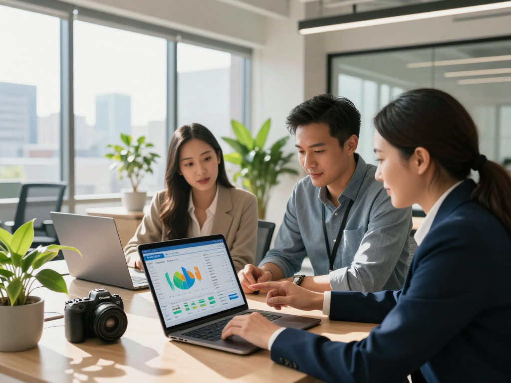 IDXSTAR dashboard collaboration in a modern real estate office, showcasing data analysis with happy agents.