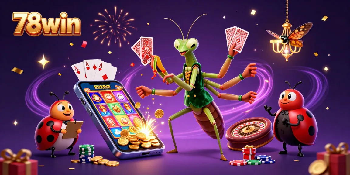 78win enthusiasts enjoy vibrant 3D illustration showcasing an exciting casino atmosphere with slot games and festive elements.