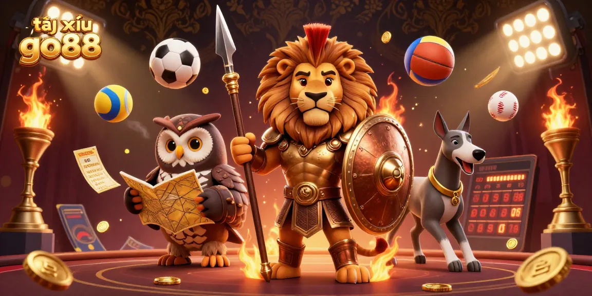 Tài xỉu go88 action scene featuring a Spartan lion, tactical owl, and greyhound amidst dynamic sports elements and gaming excitement.