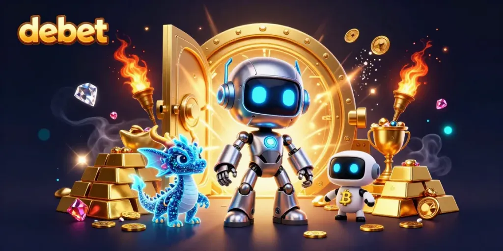 Engage in thrilling gameplay with debet's dynamic casino scene showcasing vibrant characters and treasures.