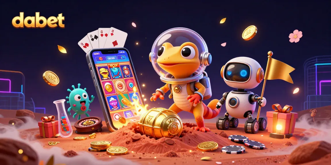 dabet offers a Martian gecko exploring a golden casino surrounded by vibrant slot game elements.