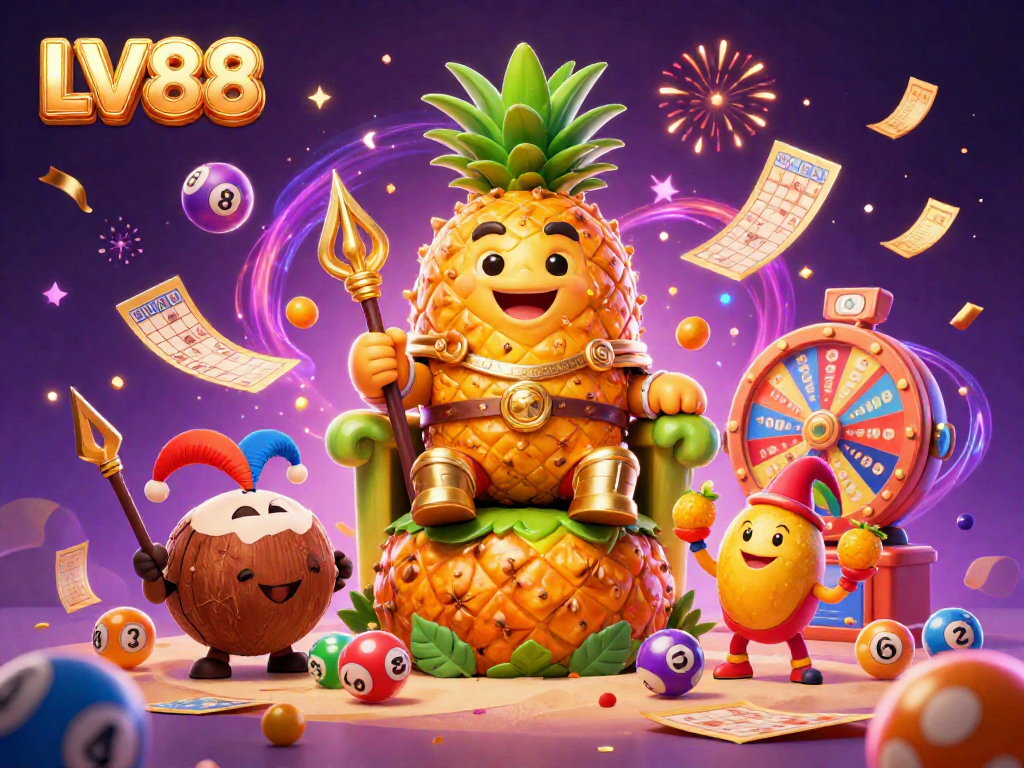 Experience the vibrant energy of LV88 with a fun-filled casino scene featuring playful characters and lottery elements.