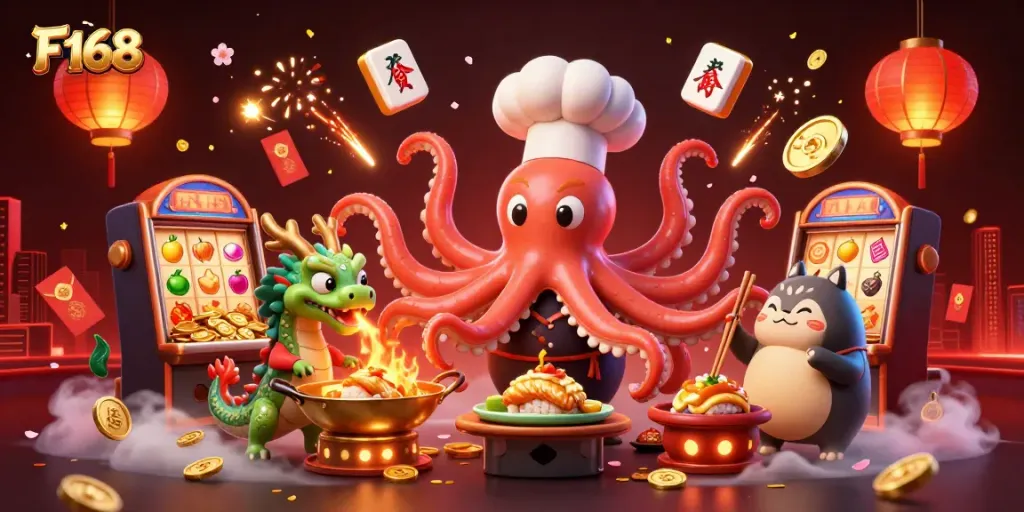 Experience excitement at F168 casino with a vibrant scene featuring a sushi chef octopus and a fiery dragon.