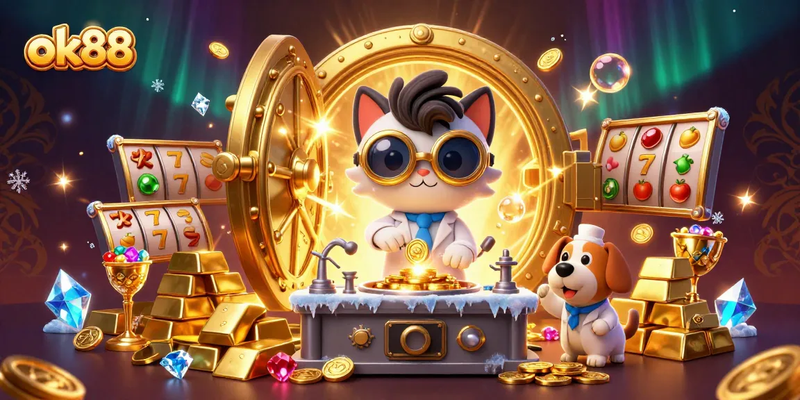 Spin the reels with ok88 in an ultra-detailed 3D casino scene featuring cartoon characters and treasures.