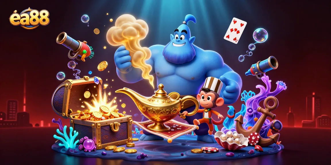 ea88 engages with vibrant casino action featuring a blue genie and poker chips in a magical scene.
