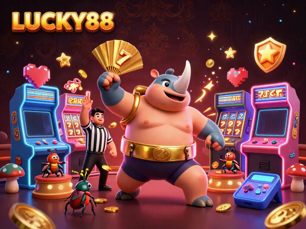 Experience thrilling wins at LUCKY88 with a colorful, dynamic 3D casino scene featuring a vibrant sumo champion.