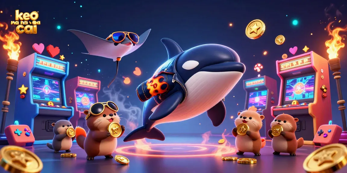 Visualize keo nha cai with a lively underwater scene featuring an orca and otters enjoying their treasures.