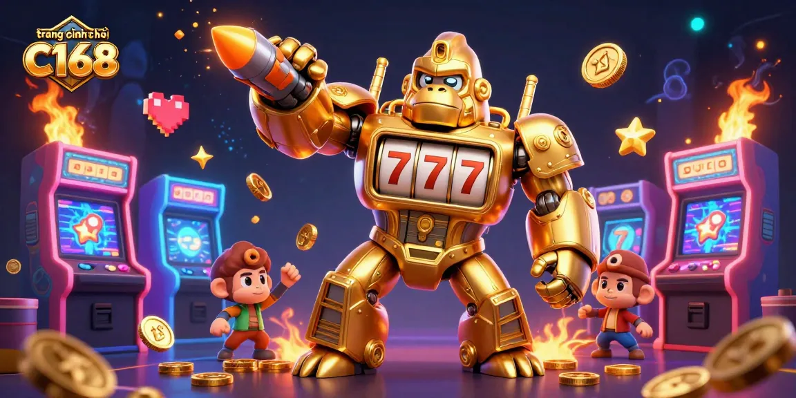Experience thrilling wins at trang chính thức C168 with vibrant gaming imagery of a golden mech and arcade elements.