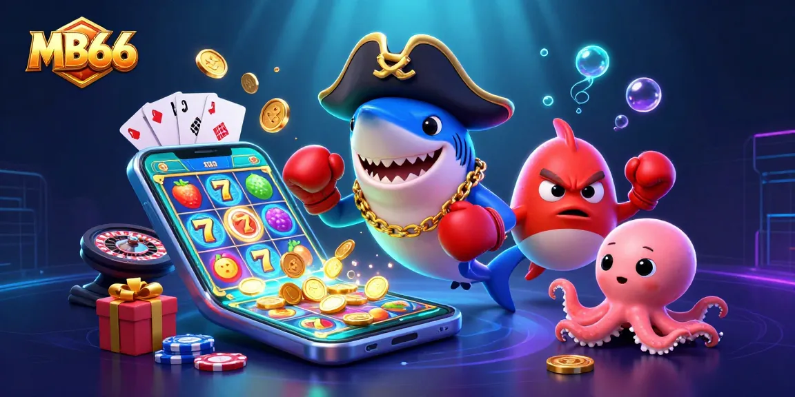 Win big with MB66 in this vibrant underwater casino scene featuring dynamic characters and gaming elements.