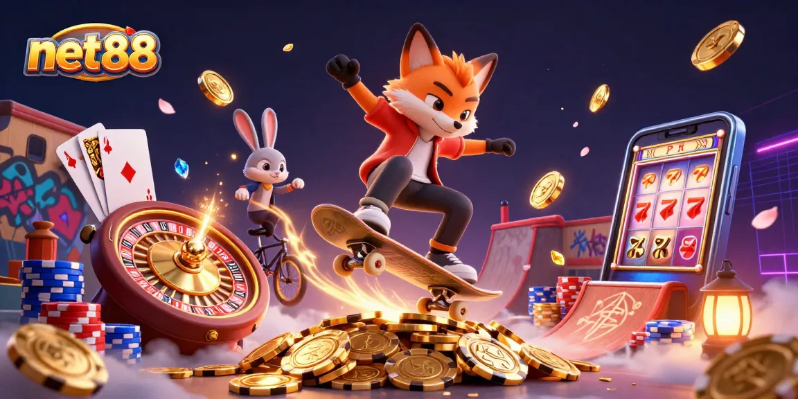 Experience the thrill of net88 with a skateboarder fox and BMX rabbit in a vibrant casino scene.