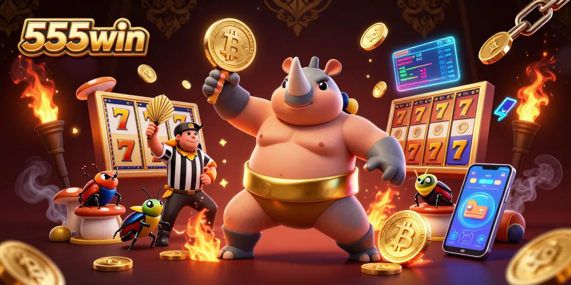 Experience the excitement of 555win with a dynamic scene of a sumo champion and vibrant gaming elements.