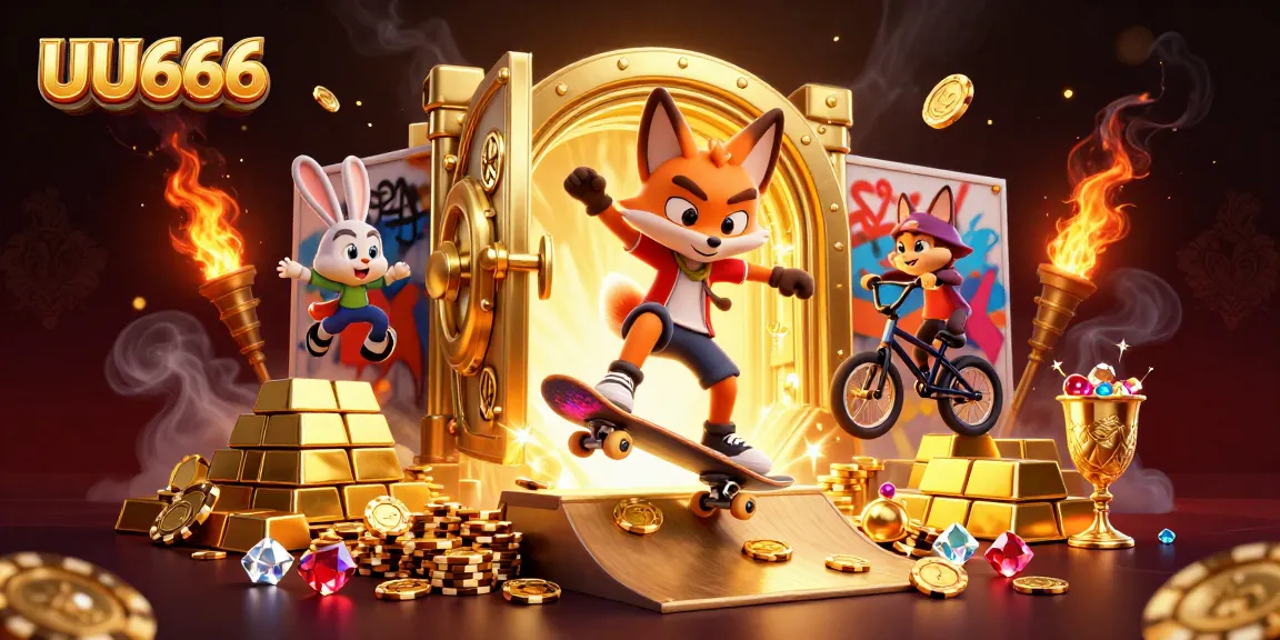UU666 showcases cartoon characters in a lively casino scene, featuring vibrant gambling elements.