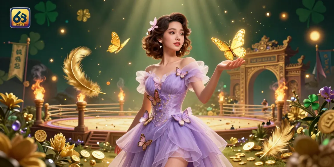 Engage with the dazzling world of bl555, where a stunning Asian woman showcases excitement amidst a magical casino backdrop, featuring golden elements and butterflies.