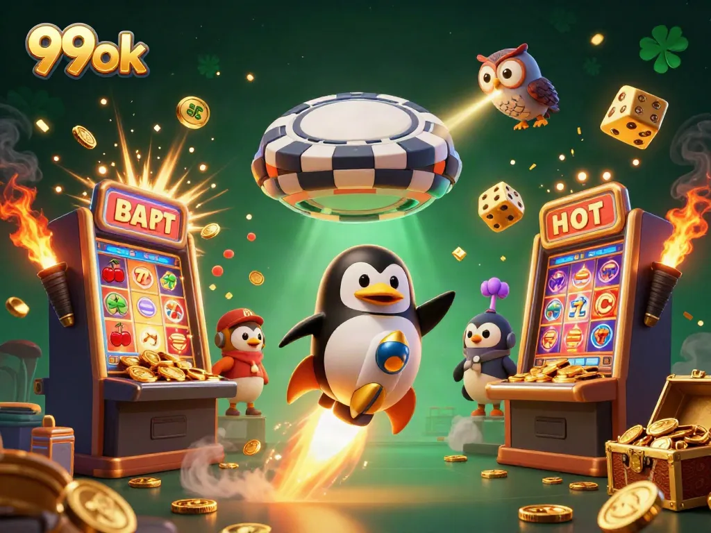 Experience the thrill of 99ok with an animated golden penguin soaring to a jackpot!