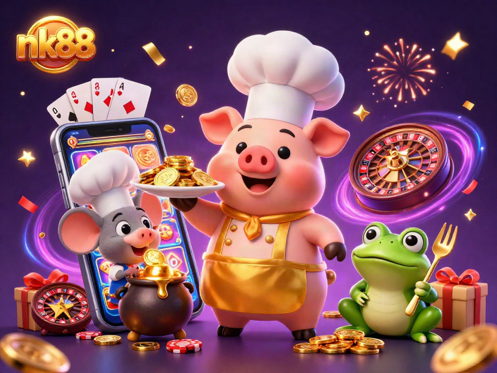 Engage in entertaining slot experiences with nk88: A whimsical casino-themed scene of iconic characters.