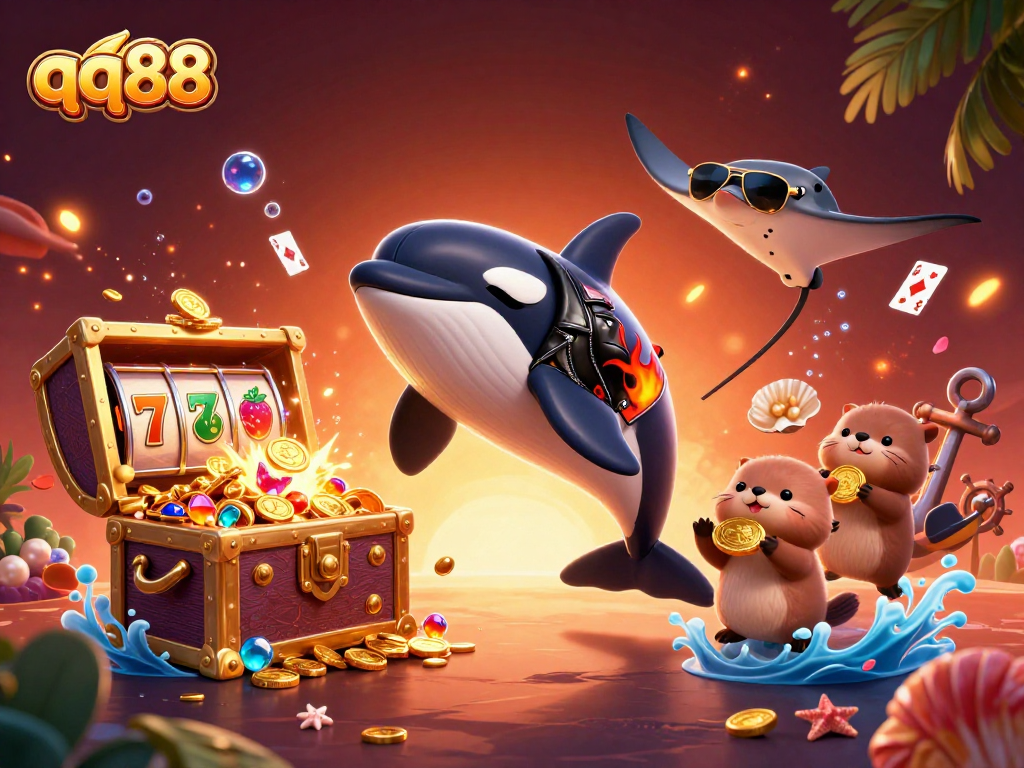 Engage with qq88 in a vibrant casino scene featuring playful characters and golden treasures.