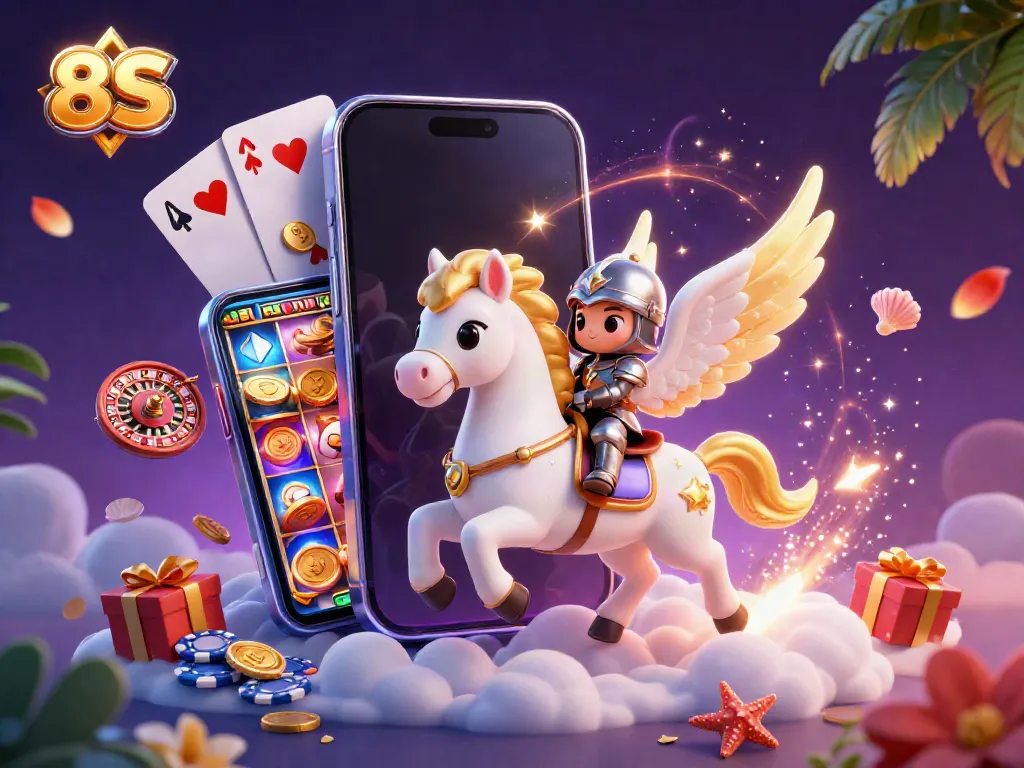 Experience 8S slot games with a whimsical horse, knight, and dynamic casino elements.