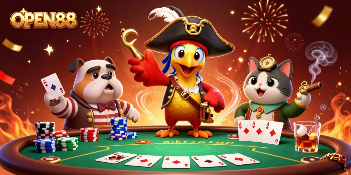 Engage in thrilling gameplay at OPEN88 with a lively pirate scene showcasing poker excitement.