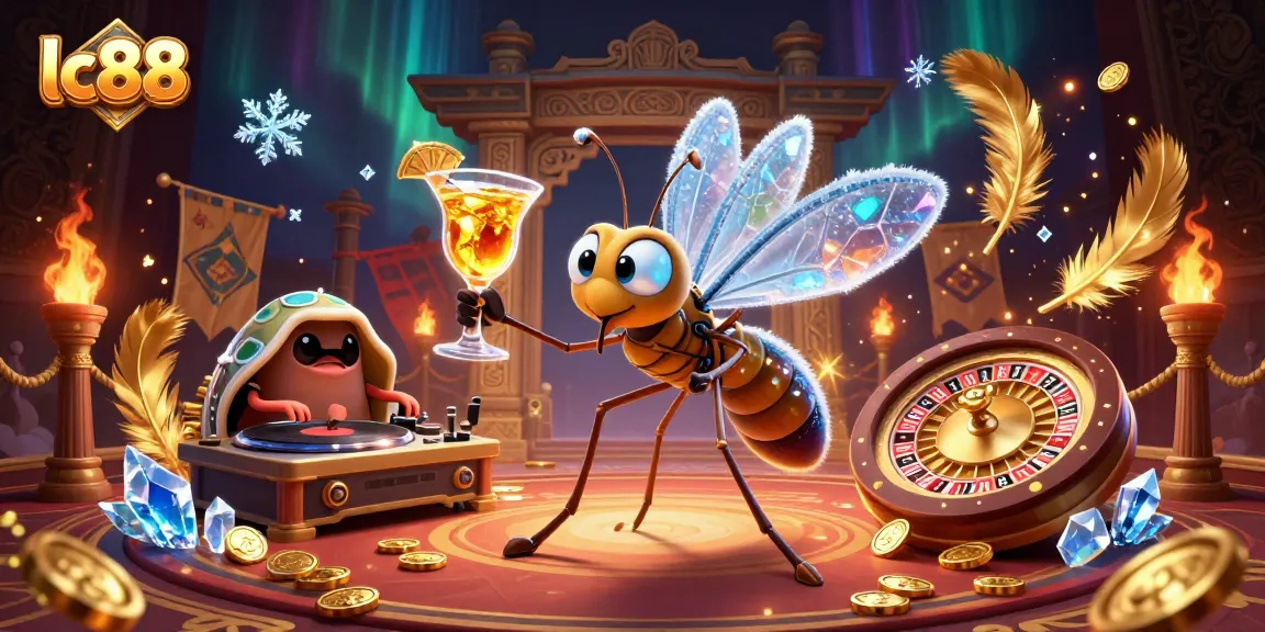 Experience the thrill of lc88 as a frozen mosquito mascot, a trilobite DJ, and a golden roulette wheel create a vibrant casino scene.