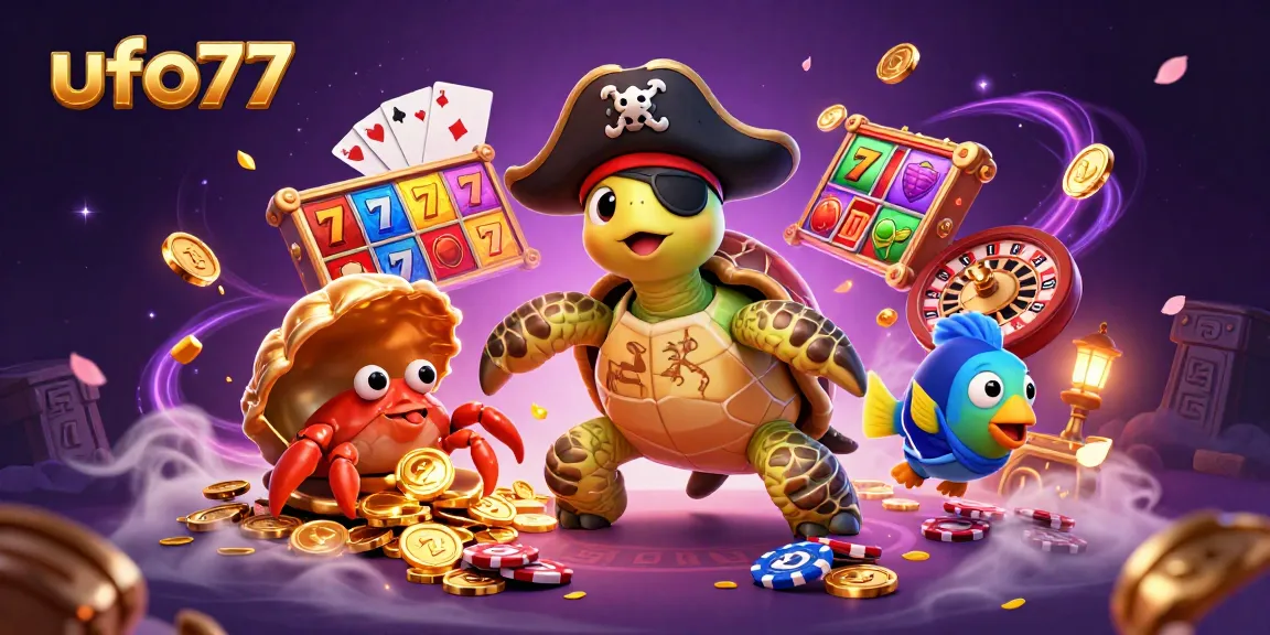 Experience immersive ufo77 action with a playful pirate turtle and vibrant casino elements.