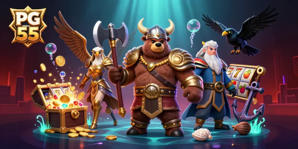 Experience excitement with PG 55 as Viking bear and Valkyrie eagle game through floating slot reels.