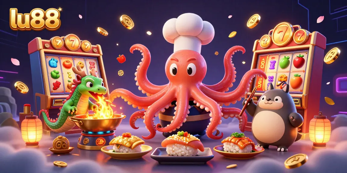 Experience winning excitement with lu88 in this vibrant 3D illustration of a cartoon sushi chef octopus and friends.