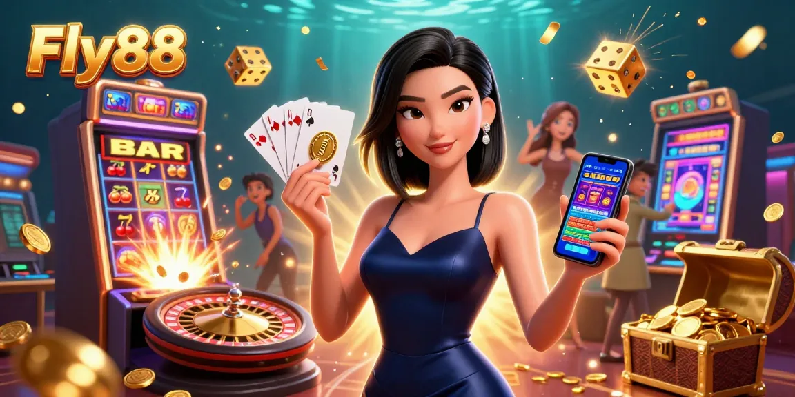 Fly88 showcases a confident Asian woman with a casino app, surrounded by jackpots and exciting casino elements.
