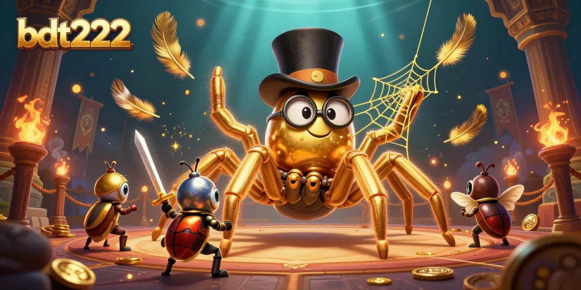 Engage with bdt222's thrilling casino adventures featuring a golden tarantula and knight in a vivid 3D illustration.