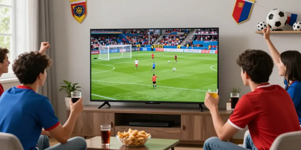 Friends enjoying a live soccer match on Socolive in a vibrant living room.