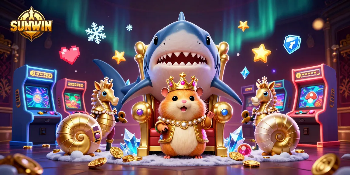 SUNWIN casino adventure featuring a golden hamster king on a megalodon throne amidst colorful game machines and sparkling treasures.