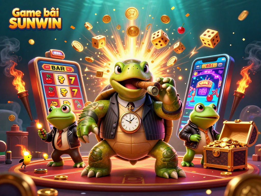 Experience the thrill of Game bài SUNWIN with a vibrant casino scene featuring a turtle mobster and dynamic gameplay.