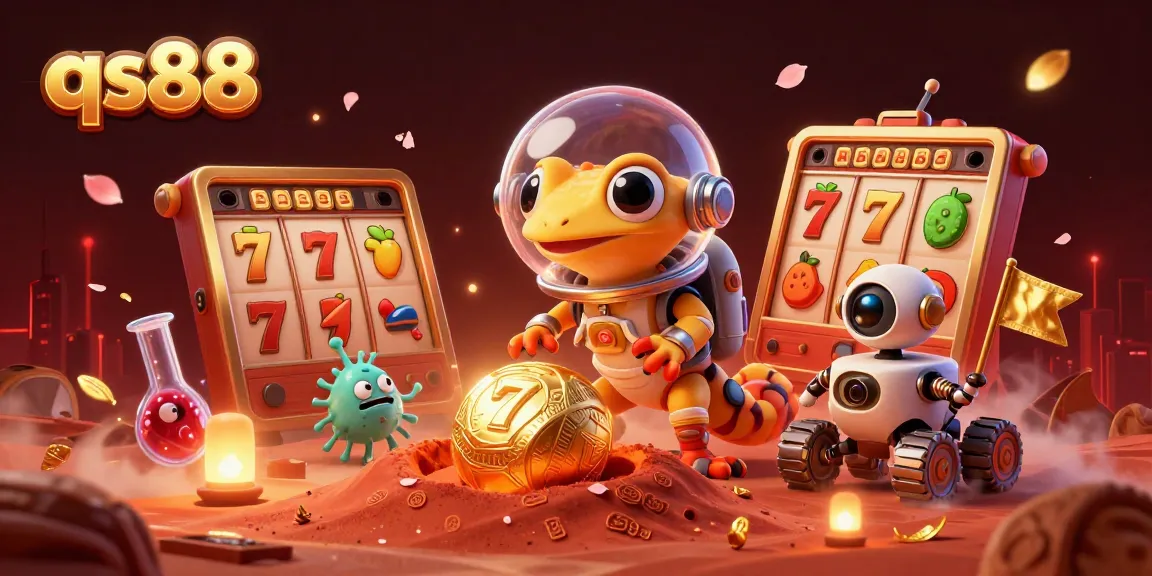 qs88 slots and jackpots featured in a vibrant 3D illustration of a gecko discovering a cosmic casino