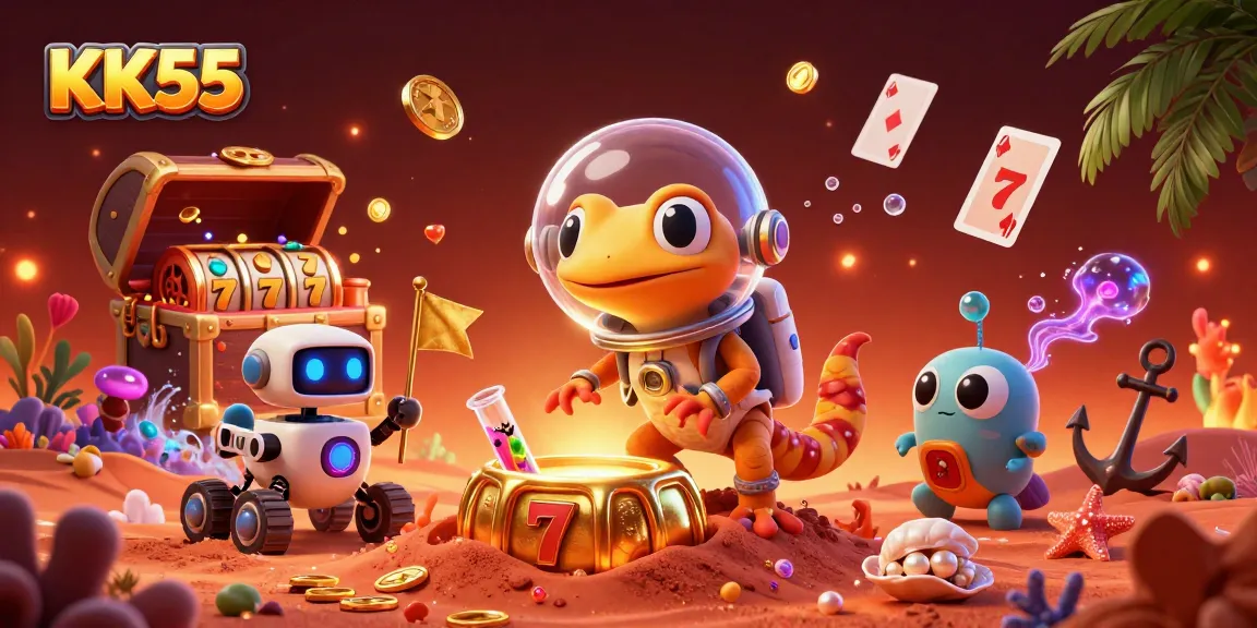 Martian gecko discovering the KK55 casino with vibrant gaming elements around