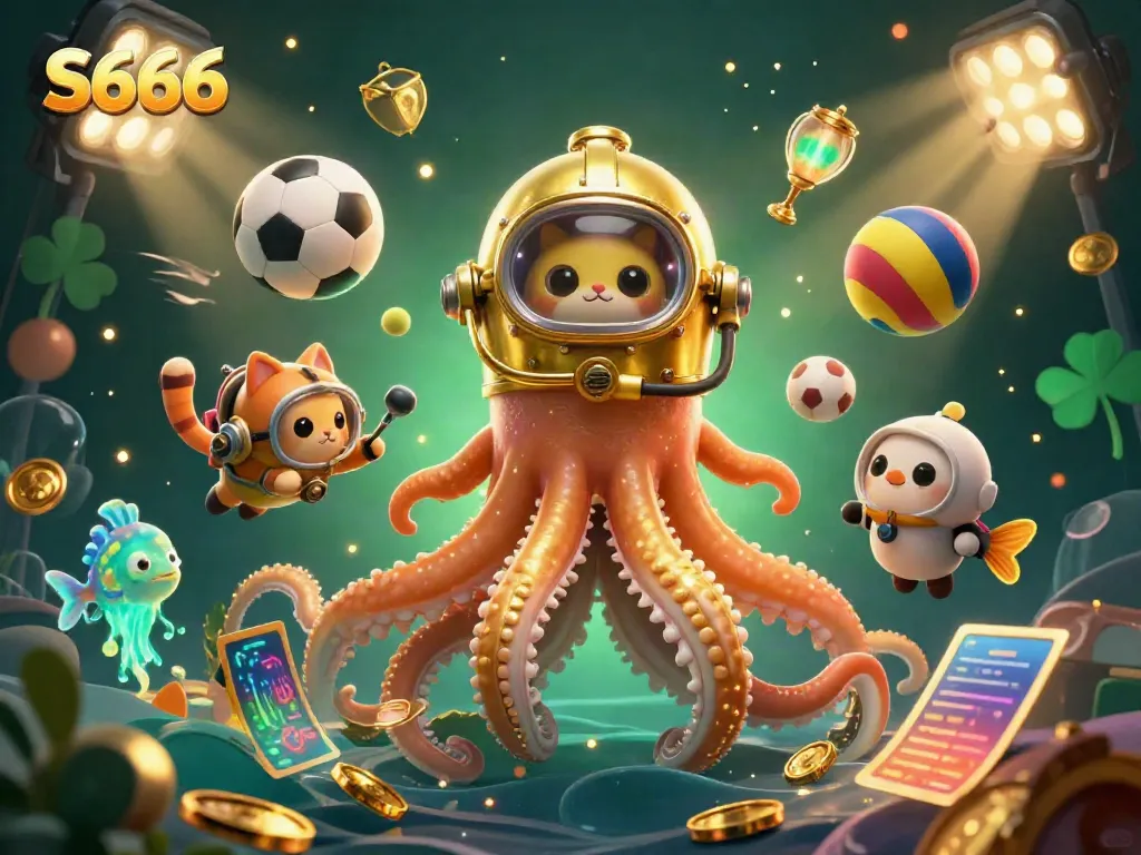 S666 showcases thrilling gaming adventures with a kraken, diving cat, and sports elements in an underwater treasure scene.