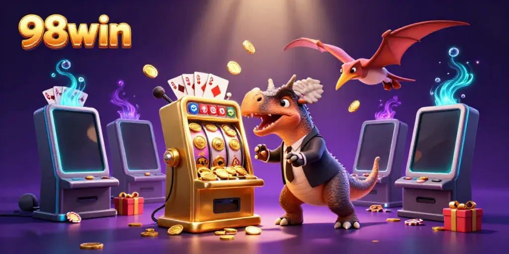 98win showcase featuring a casino scene with cartoon dinosaurs engaging in gambling activities.