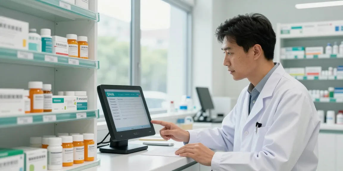 DHA license displayed on pharmacist's device in a modern pharmacy setting
