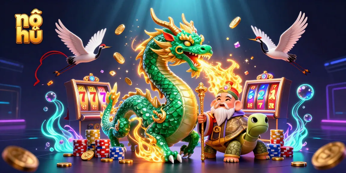 Engage in the thrilling nổ hũ experience with a vibrant scene featuring a jade dragon and lucky symbols.
