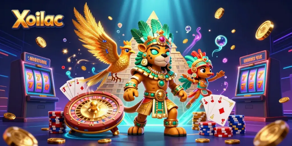 Xoilac offers high-stakes gaming with vibrant casino elements, showcasing engaging characters and dynamic visuals.