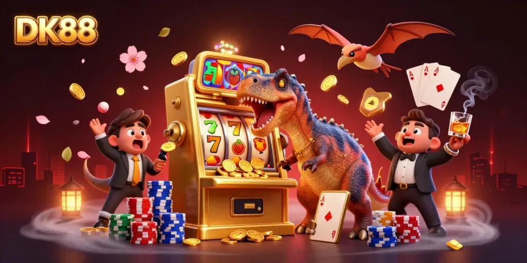 DK88 dinosaur-themed casino illustration with golden slot machine and flying coins