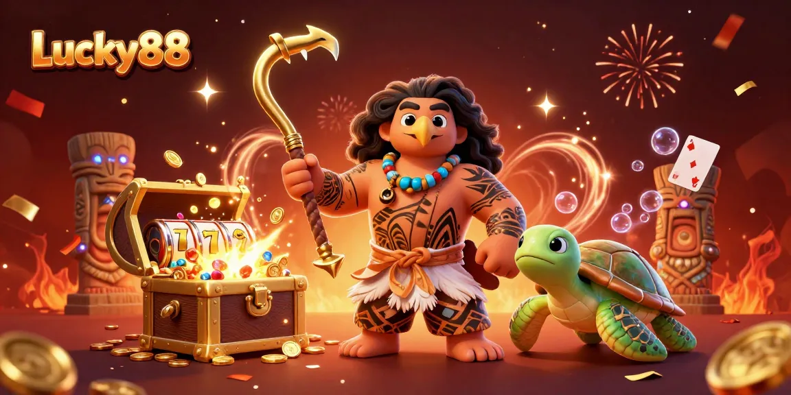 Experience Lucky88's exciting gaming with vibrant 3D characters alongside gleaming treasure and colorful elements.