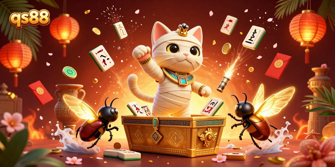 Experience qs88's dynamic casino adventure with a vibrant mummy cat and scarab in action.