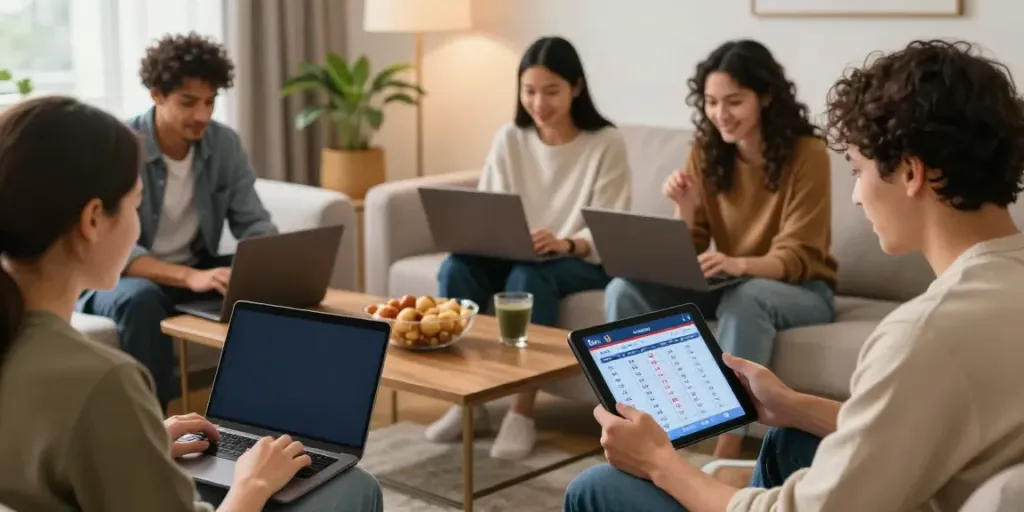 Pengguna togel online dengan perangkat berbeda di ruang tamu yang nyaman, menciptakan suasana bermain yang menyenangkan.