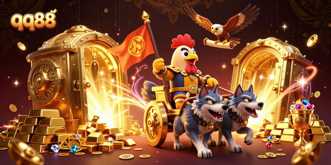 Win big at qq88 with a thrilling 3D illustration of an epic gambling scene filled with treasures.