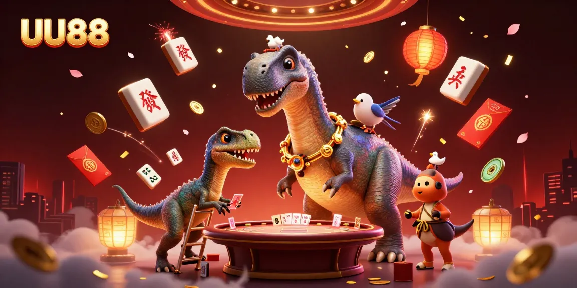 UU88 casino illustration featuring a cartoon brontosaurus and clever raptor dealing cards.